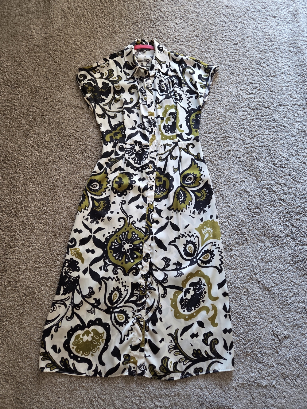 Zara White Midi Shirt Dress with Olive & Black Paisley Print